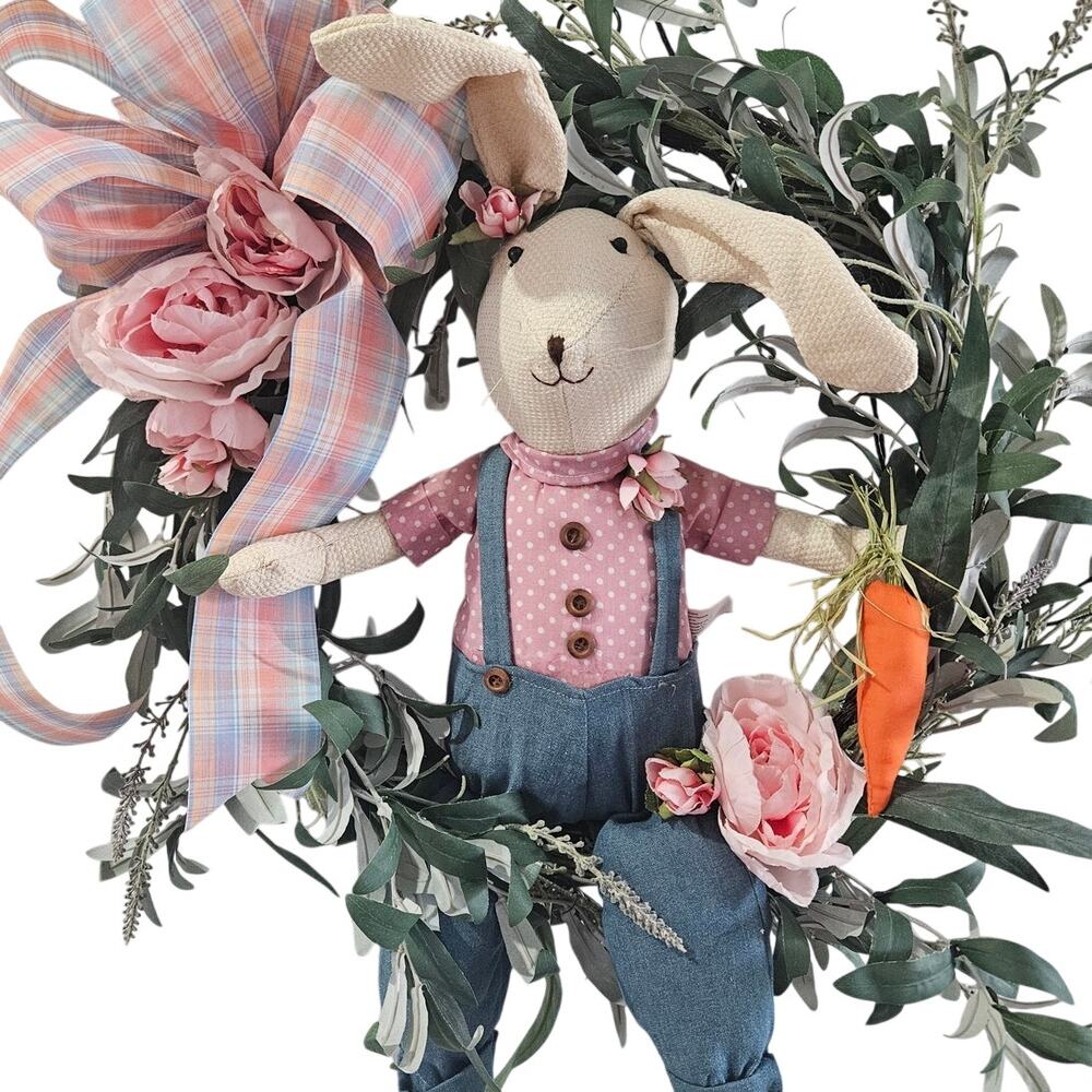 Whimsical Easter Wreath bunny Rabbit Carrot Pink Blue Green Handmade 22"